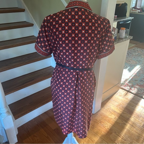 Kate Hill 100% Silk Geometric Midi Shirt Dress Women’s Size 14P. Red White Blue - Picture 5 of 12